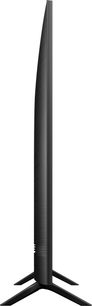 Samsung QE75Q60T 2020 televisie, zijaanzicht, rechthoekig zwart plat scherm op zwarte V-vormige centrale voet