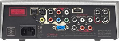 Bagside af en Cyrus DISCMASTER 8.0 Blu-ray-afspiller med digitale og analoge lyd/video-tilslutninger