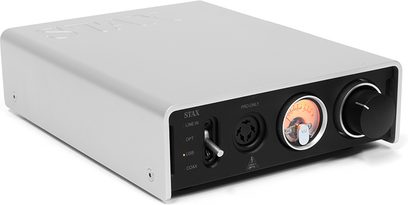 STAX SRM-D50 sølvfarvet hovedtelefonforstærker, frontpanel med knapper, volumenkontrol, hovedtelefonstik og indgange, set forfra