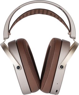 Hi-fi-hörlurar Hifiman HE1000 WIFI champagne, dubbelt huvudband och stora bruna öronkuddar, framifrån