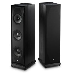 Par golvhögtalare Mofi Electronics SourcePoint 888 svarta, en med tre synliga högtalarelement, en med frontskydd
