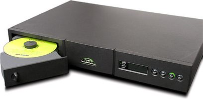 Naim Audio CD5X sort CD-afspiller med fluorescerende grøn CD-bakke, sort front, grønt display og sølvfarvede kontrolknapper