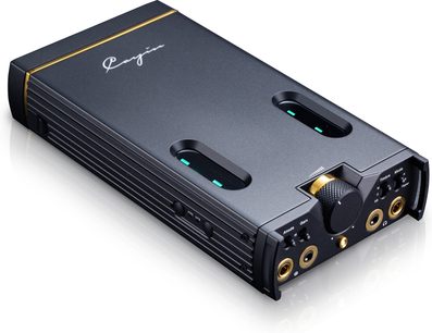 Zwarte metalen draagbare DAC Cayin C9 II, driekwartaanzicht, grote gouden draaiknop, frontale jackaansluitingen en groene led-indicatoren