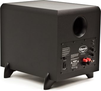 Klipsch SW-350 sort subwoofer i sort set fra 3/4 bagfra, tilslutninger og indstillinger på bagsiden