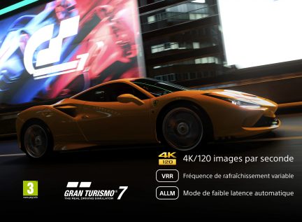 Capa de Gran Turismo 7 mostrando uma Ferrari amarela na cidade com logotipos 4K 120, VRR e ALLM