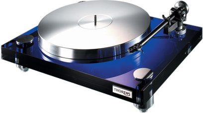 Gennemsigtig blå Thorens TD 2030 pladespiller, akrylplade, lige tonarm, pickup, frontbetjeningselementer