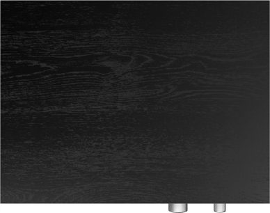 Superficie nera testurizzata con motivo a venatura del legno e 2 pulsanti cilindrici metallici visibili in basso