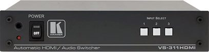 Kramer VS-311HDMI sort audio/HDMI-omskifter, frontpanel med 3 knapper, 4 indikatorlys og HDMI-stik, frontvisning