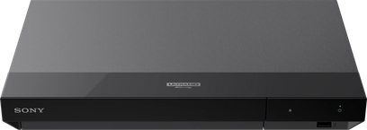 Leitor Blu-ray 4K Sony UBP-X700, vista frontal, caixa retangular preta, logotipo da Sony à esquerda, botão de energia à direita