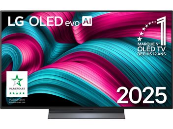 LG OLED48C5 svart OLED flatskjerm-TV med slank metallramme og rektangulært sentralstativ, sett forfra