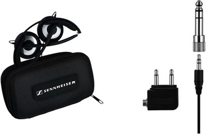 Sort Sennheiser hovedtelefoner, åbne høretelefoner, 3,5 mm jackstik og 6,35 mm jackadapter