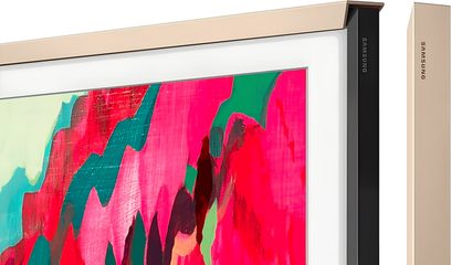 Samsung The Frame 75'' 2025 ramme i gyldent metal, slankt og lige profil med affaset hjørne, set i trekvart vinkel med visning af den øverste kant og den aftagelige sidepanel