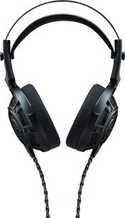 Cuffie hi-fi cablate aperte Yamaha YH-5000SE nere, archetto in metallo, padiglioni con griglie, cavi intrecciati, vista frontale