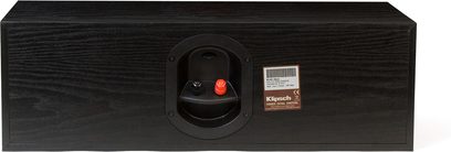 Klipsch RC-52 MkII sort midterhøjttaler, set forfra, sort træhøjttaler, rund central højttaler, etiket nederst til højre