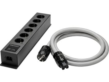 GigaWatt PF-1 EVO régua multipresa preta com 6 tomadas com cabo de alimentação cinza entrançado vista superior em perspetiva