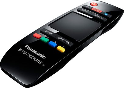 Sort Panasonic DMP-BBT01EGK fjernbetjening, set forfra, med LCD-skærm og multifarvede knapper