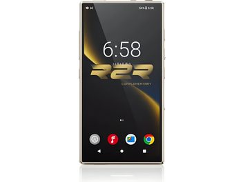 Audiophile FiiO M33 R2R-musikkspiller sett forfra, svart skjerm med gyllen R2R-logo og champagnefarget kantlist