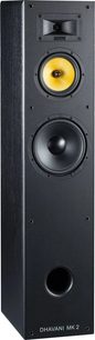Coloană Davis Acoustics Dhavani MK2 neagră din lemn, vedere din față, difuzor mediu galben, port frontal