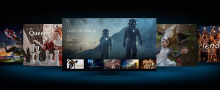 Skærmbillede af et videostreaming-interface, der viser miniaturebilleder af film og tv-serier med karakterer i rumdragt