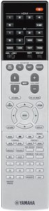 Yamaha RX-V781 titanium remote control, front view, black and gray buttons on black background, orange Yamaha logo at the bottom