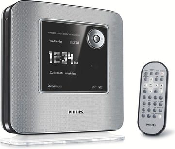 Philips WAK3300 trådløs musikstation med LCD-skærm, kontrolknapper og fjernbetjening, set forfra på hvid baggrund