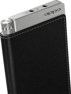 OPPO HA-2 SE EU sølvfarvet hovedtelefonforstærker, set fra siden, med kontrolknapper og sort tekstureret læderbeklædning