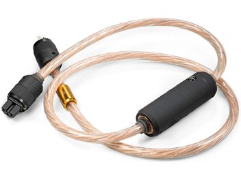 Síťový napájecí kabel iFi Audio SUPANOVA s černými konektory a opletenými měděnými vodiči v průhledném plášti