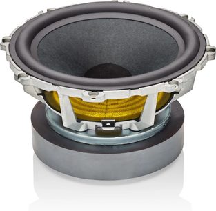 Bowers & Wilkins 603 S3 Lautsprecher in hellem Eichenholz, Schnittansicht mit Hochtöner, Mitteltöner und Tieftöner