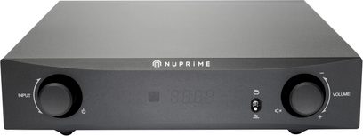 Nuprime IA-9X sort hi-fi stereoforstærker, frontvisning med volumen- og indgangsvælgerknapper, central LED-skærm