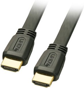 To flade sorte HDMI-kabler fra Lindy 41188 med forgyldte stik, set fra siden på hvid baggrund