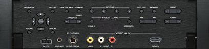 Yamaha RX-A1050 titano namų kino stiprintuvas, priekinis vaizdas, detalus vaizdas, jungtys ir valdikliai, juodos ir metalizuotos pilkos spalvos