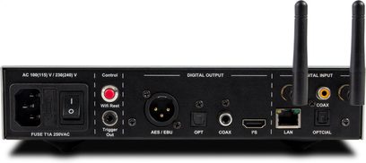 Síťový audio přehrávač Nuprime Stream 9 černý, pohled zepředu, audio a síťové konektory vzadu, tlačítka a kontrolky na čelním panelu