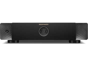 Juodas integruotas stereo hi-fi stiprintuvas Marantz Model M4 su lygiu priekiniu skydeliu, centriniu apvaliu valdymo ratuku ir įjungimo mygtuku kairėje pusėje