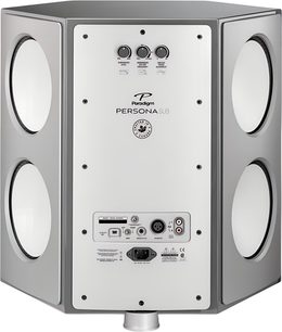 Paradigm Persona SUB subwoofer i metallisk grå med kabinet i aluminium, set bagfra, sekskantet form med seks cirkulære sidehøjttalere og centralt placeret kontrol- og tilslutningspanel