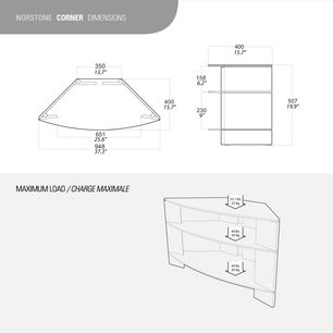 Norstone Corner sort audio-/videomøbel i blank sort. Diagram med dimensioner i centimeter. Maksimal belastning i kilogram