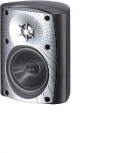 Cassa da esterno Stylus 170, vista frontale, corpo nero, tweeter centrale a stella, woofer circolare, 4 punti di fissaggio visibili