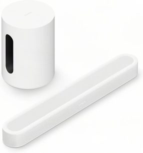 Pakke med hvid Sonos Beam Ultra og Sub Mini, kompakt soundbar og cylindrisk subwoofer set ovenfra