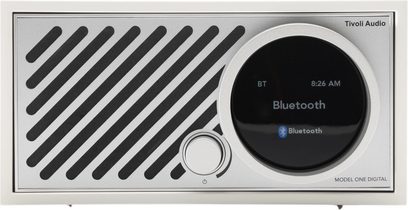Tivoli Model One Digital bordradio hvid/sølv, front i metal, rundt display til højre, sort diagonal gitter