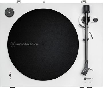 Audio-Technica AT-LP3XBT hvid pladespiller, set ovenfra, mat sort pladedrev, sort tonarm med pickup, kontroller på siden