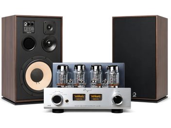 Catena hi-fi con amplificatore valvolare Cayin Jazz 80 argentato e coppia di diffusori Elipson Heritage noce e neri