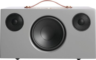 Enceinte Audio Pro ADDON C10 gris, vue de face, forme rectangulaire arrondie, 2 haut-parleurs circulaires, 1 haut-parleur central rond, poignée en cuir marron sur le dessus