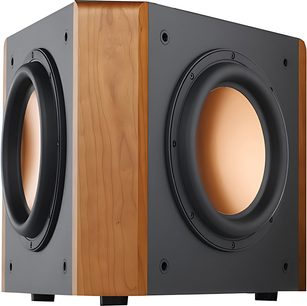 Klipsch RT-12d sort og lyst træ baskabinettet, set forfra, med sort højttaler i midten og to bass-refleksporte