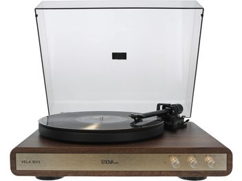 Brun Enova HIFI VELA MV2 platespiller, gullfarget front med tre knapper og åpent gjennomsiktig lokk