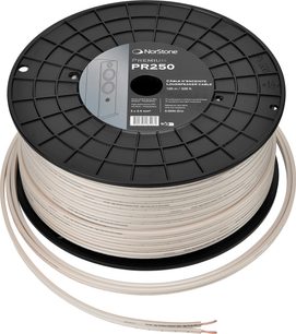 Premium PR250 speaker cable wound on a black circular spool with a central label, visible stripped ends.
