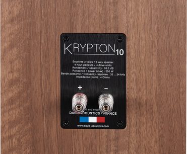 Diffusore da pavimento Krypton 10 Classik con pannello posteriore rettangolare nero, scritte tecniche bianche, 2 morsetti trasparenti