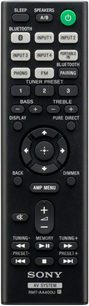 Sony STR-DH190, svart fjärrkontroll, framsida, grå och svarta knappar, grön knapp uppe till höger, vit text