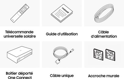 Illustration af 6 tilbehør, herunder en solcelledrevet fjernbetjening, en vejledning, et kabel, en boks, et enkelt kabel og vægbeslag