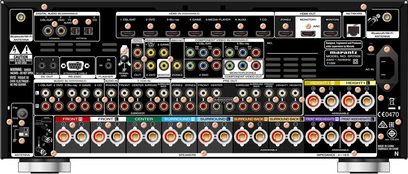 Marantz SR7009 sort hjemmebiografsforstærker, frontpanel, tæt forfra, mange knapper, stik og displays
