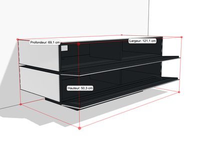 Spectral Brick BR1202 sort audio-/videomøbel, set forfra med mål, 121,1 cm lang, 69,1 cm dyb, 50,3 cm høj