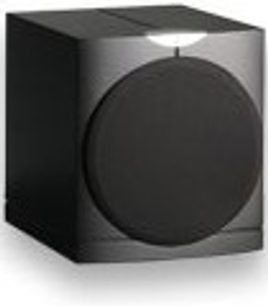 Waterfall Audio HF1 sort baskabin, perspektivisk forfra, kubisk form, central rund højttaler